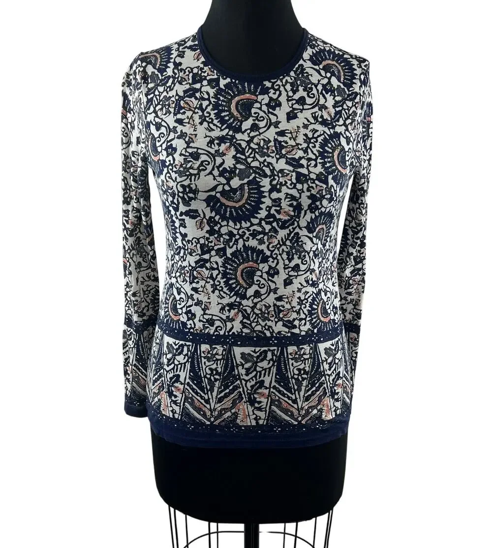 TORY BURCH White Navy Blouse Cotton Moroccan Crew Neck Pullover Size XX-Small